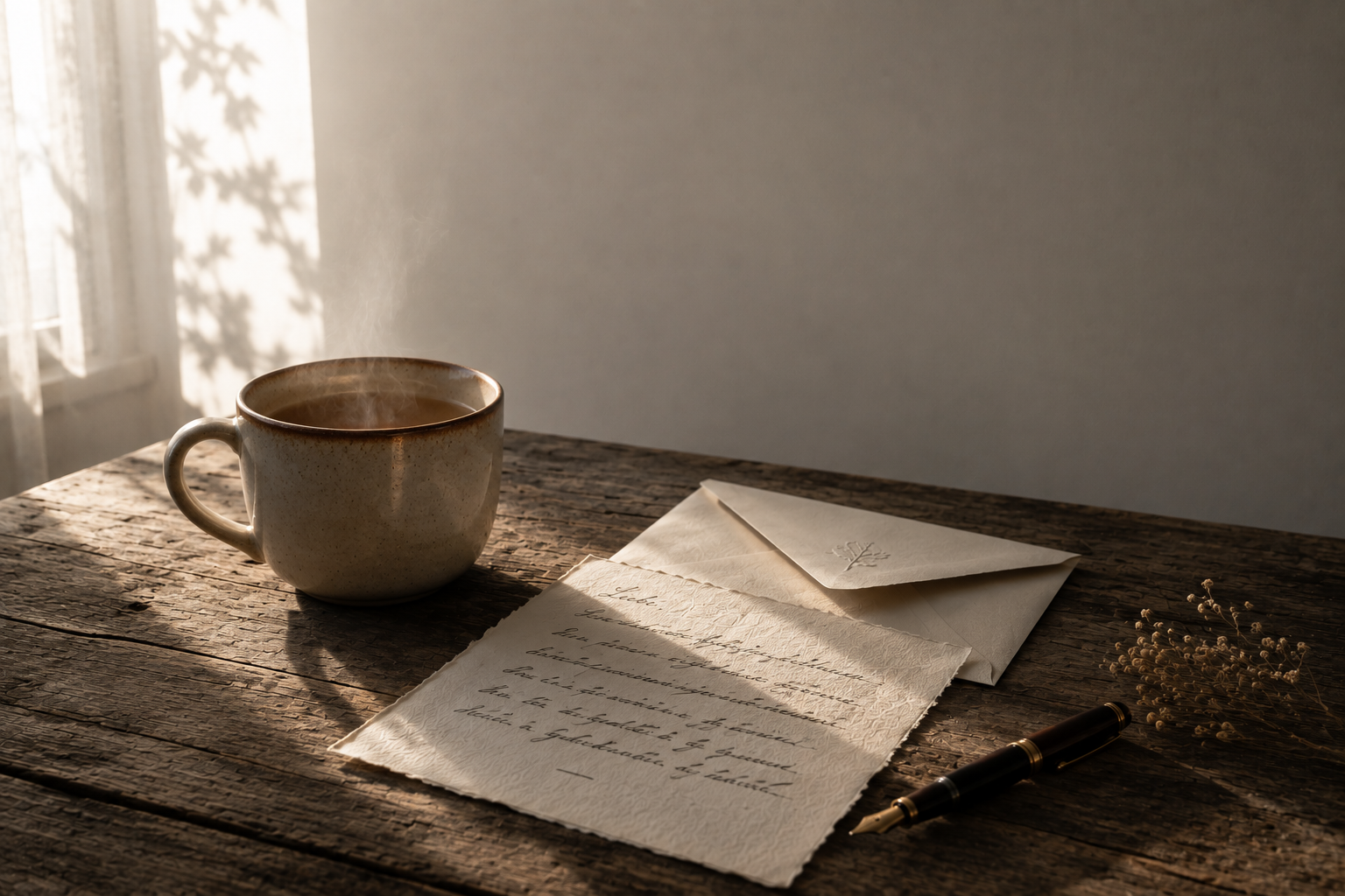 Ein Brief, eine Tasse und ein Füllfederhalter im warmen Morgenlicht